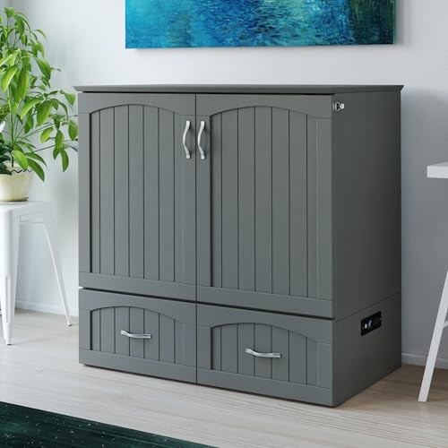 Queen Murphy Bed Chest with Mattress and Storage in Grey R6559