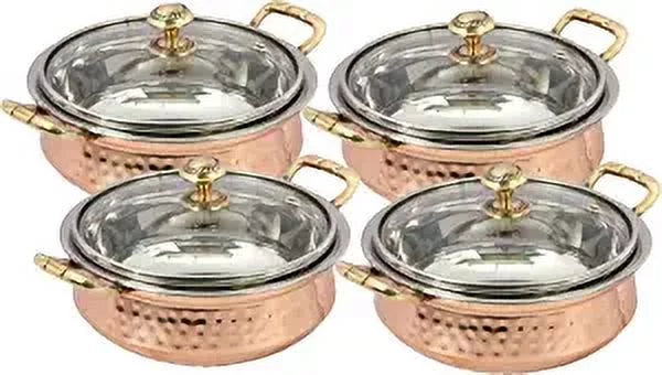 Set of 4 Hammered Copper Stainless Steel Serving Bowl with Glass Lid C138