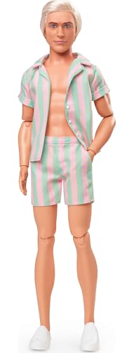 Pastel Pink and Green Striped Beach Matching Set with Surfboard and White Sneakers F704