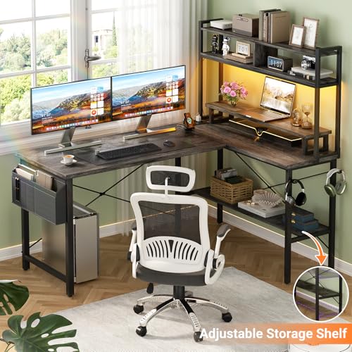 L Shaped Gaming Desk with Power Outlets & LED Lights, Black Y180980