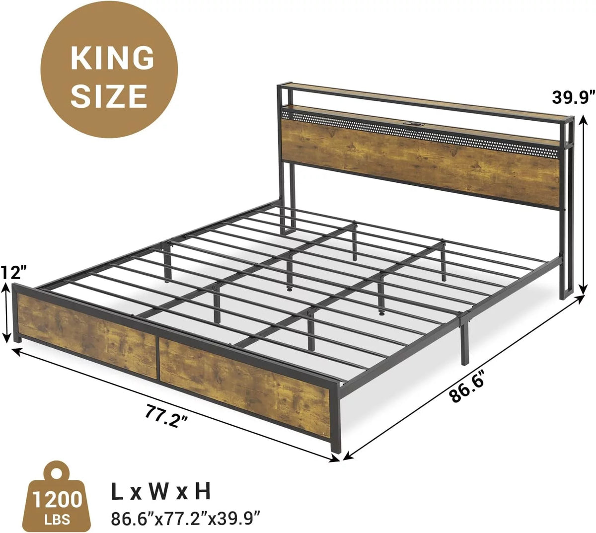 King Bed Frame with USB Ports and Outlets Y4229