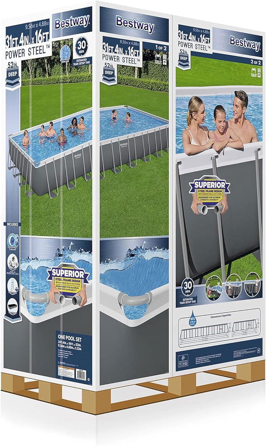 31' 4" x 16' x 52" Rectangular Metal Frame Above Ground Swimming Pool Set A30896