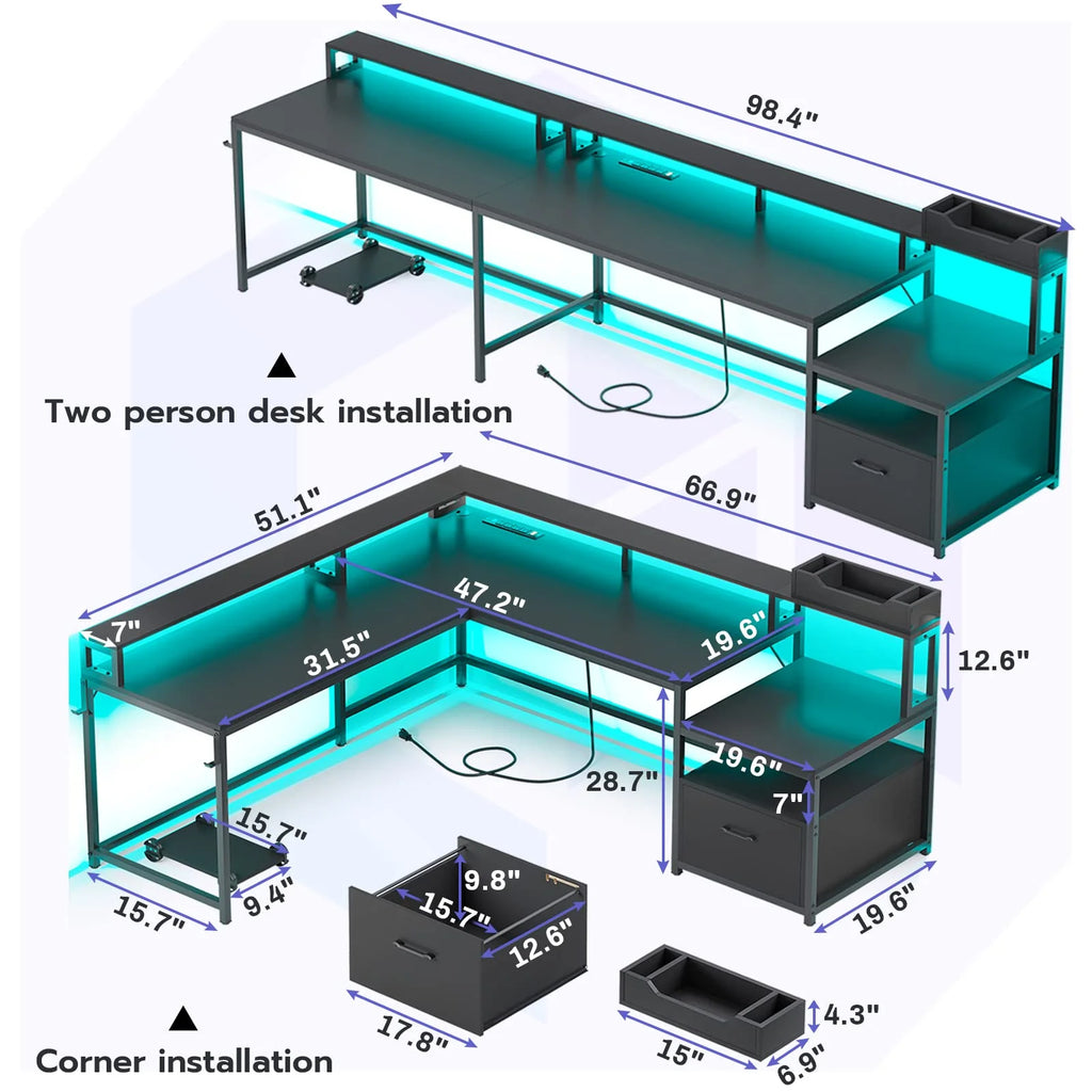 L Shaped Desk with File Drawer and Power Outlet, Black V788