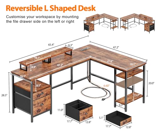66” L Shaped Desk with Power Outlet, File Drawer & Storage Shelves, Rustic Brown L900429