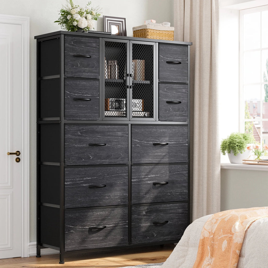 Black 10 Drawer Fabric Dresser with Cabinet R3291