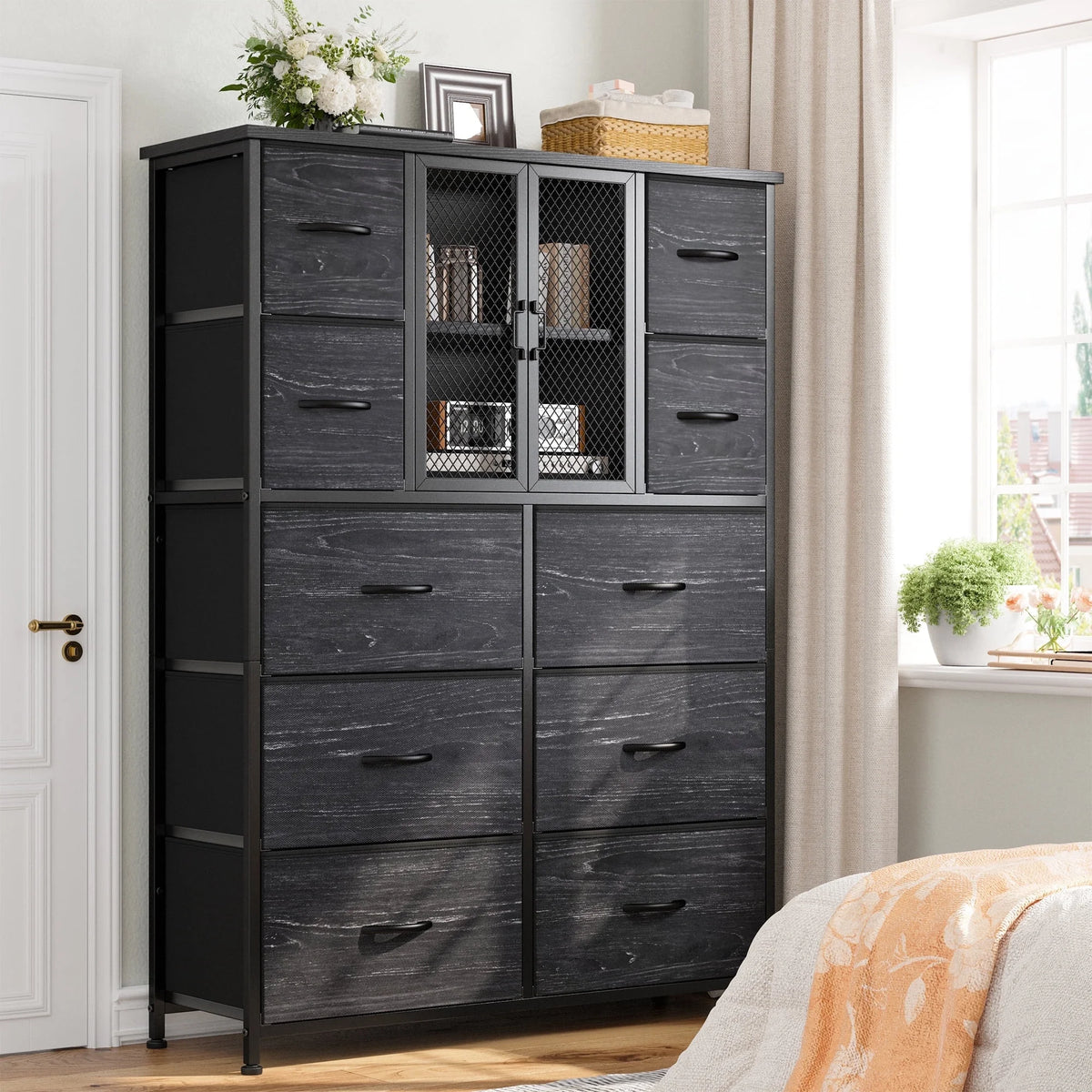 Black 10 Drawer Fabric Dresser with Cabinet R3291