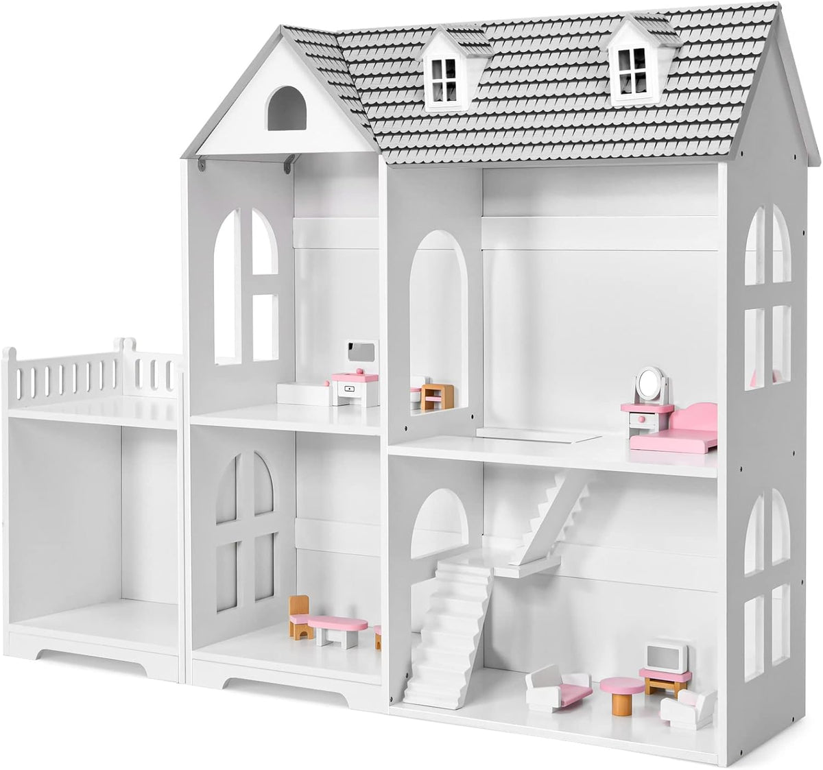Kids Wooden 2-in-1 Dollhouse Bookcase with 5 Rooms and Hidden Storage F70972