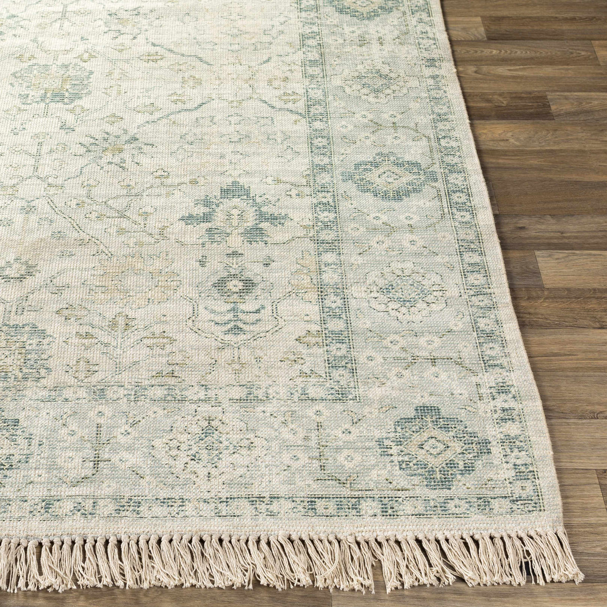 Hand Woven Cotton Area Rug with Tassel Green Sage Beige Off White 6' x 9' W751896