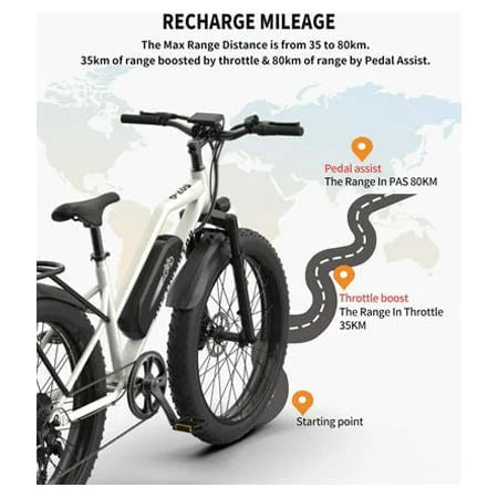 Electric Mountain Bike 750W 48V 13AH Removable Lithium Battery 26" 4.0 inch Fat Tire White O124935