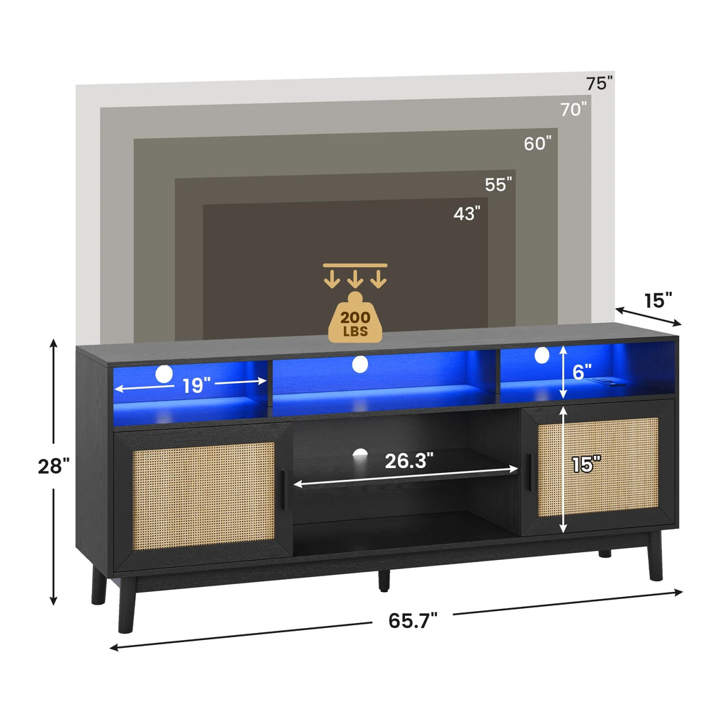 Black Rattan TV Stand with LED Light and Charging Station E680
