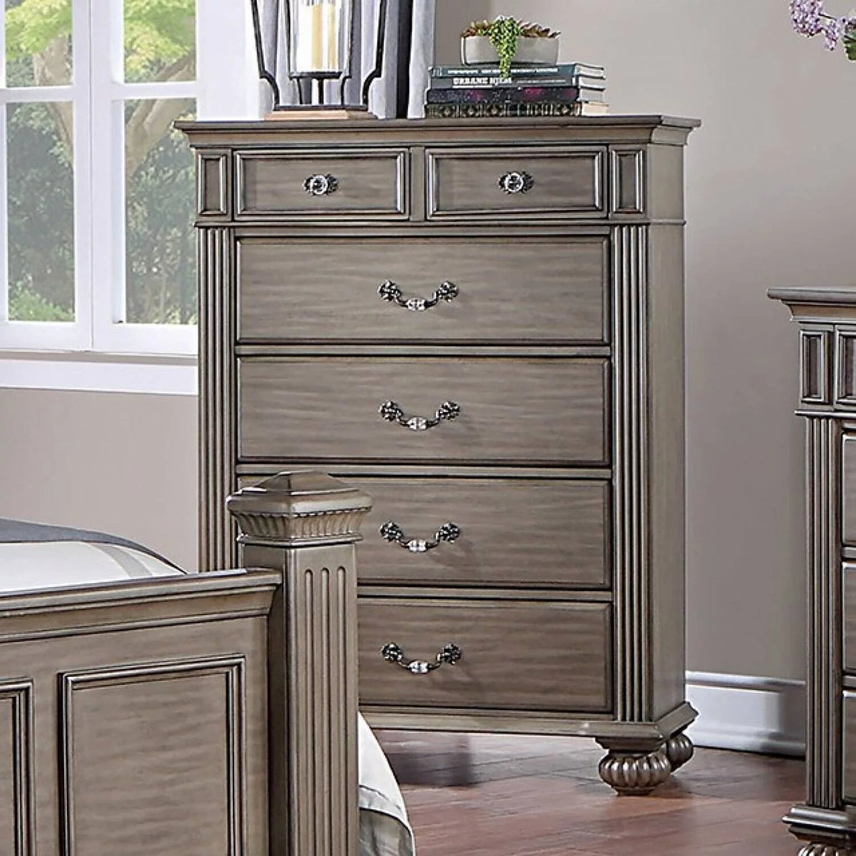 California King Size Bed Dresser Mirror 2 Nightstands Chest Gray Solidwood M1171