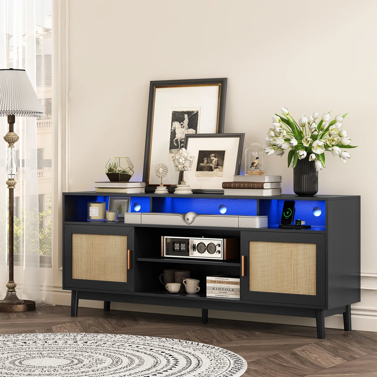 Black Rattan TV Stand with LED Light and Charging Station E680