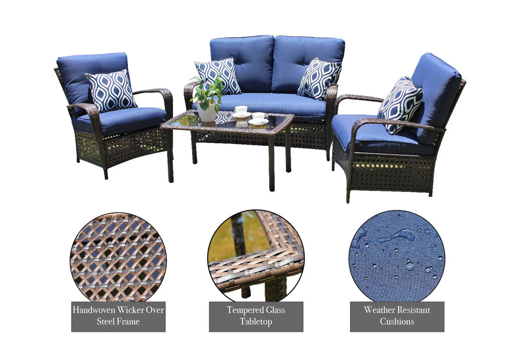 4 Piece Wicker Outdoor Furniture Conversation Set with Navy Cushions A431