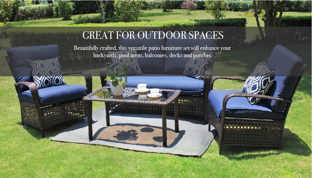 4 Piece Wicker Outdoor Furniture Conversation Set with Navy Cushions A431