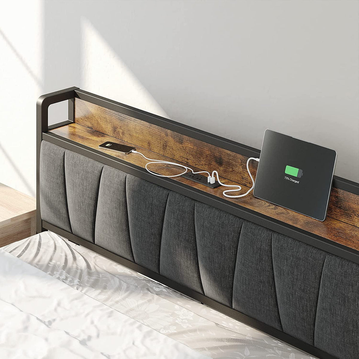 Queen Bed Frame with Storage Headboard and Charging Station Q256