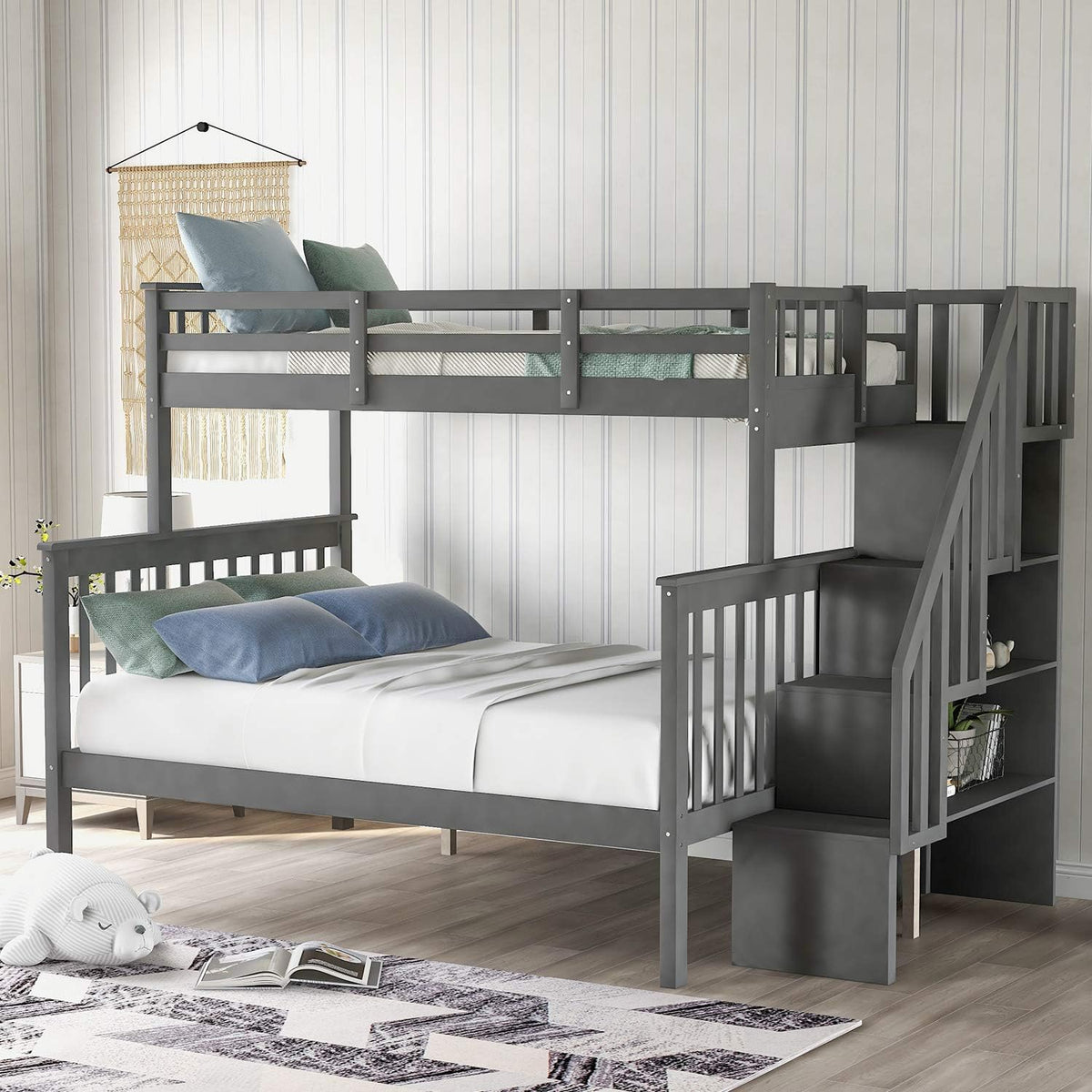 Twin Over Twin/Full Bunk Bed with Trundle and Drawers Grey Z59230