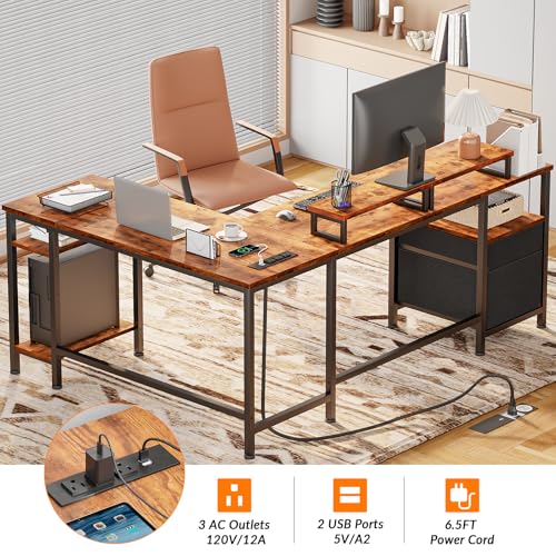 66” L Shaped Desk with Power Outlet, File Drawer & Storage Shelves, Rustic Brown L900429