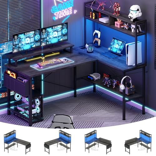 L Shaped Gaming Desk with Power Outlets & LED Lights, Black Y180980