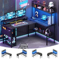 L Shaped Gaming Desk with Power Outlets & LED Lights, Black Y180980