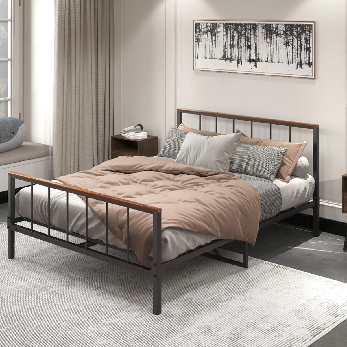 Queen Metal Platform Bed with Headboard and Footboard Y99545