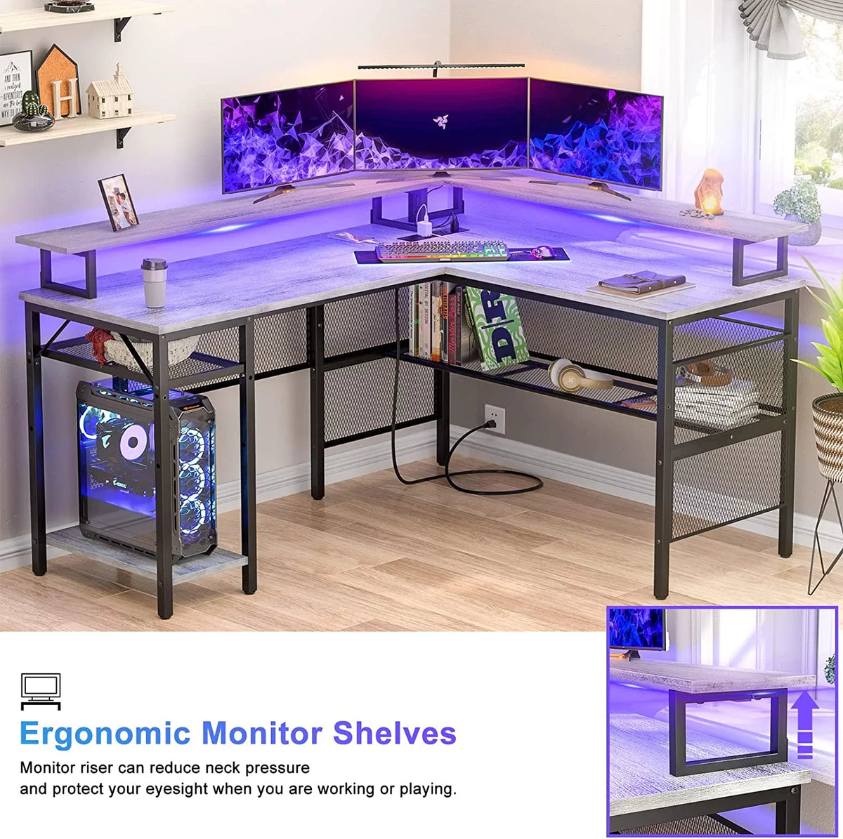 White Oak 55 inch L Shaped Desk with Power Outlets and LED Light Q92743