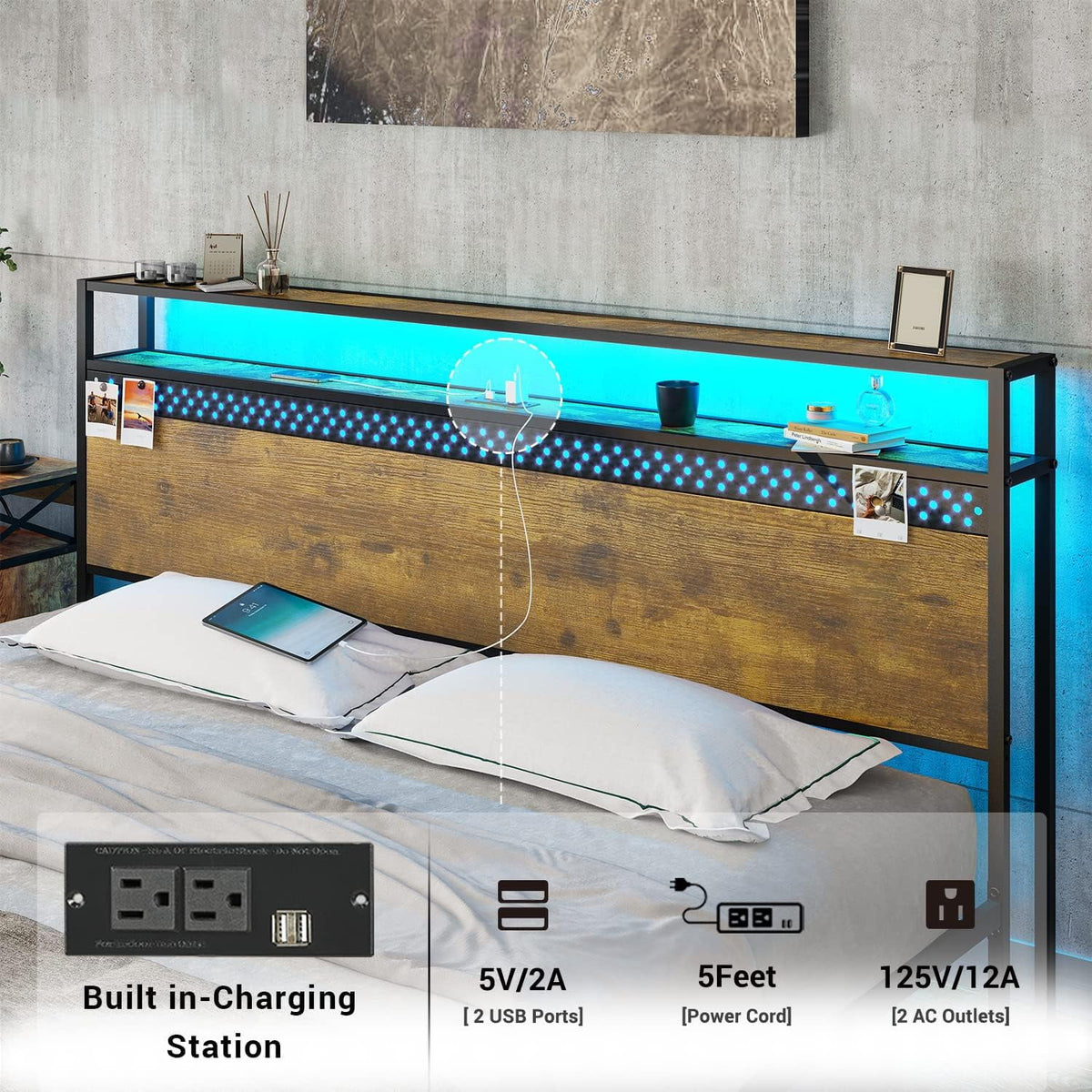 King Bed Frame with USB Ports and Outlets Y4229