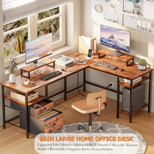 66” L Shaped Desk with Power Outlet, File Drawer & Storage Shelves, Rustic Brown L900429