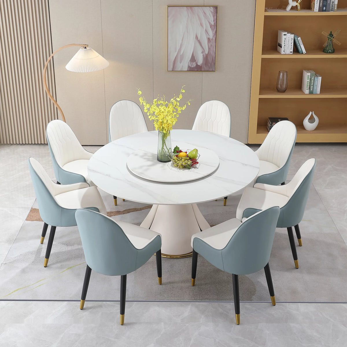 59” Sintered Stone Round Dining Table Set with 8 Chairs F4724