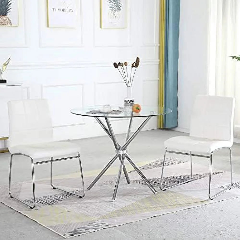 Round Glass Dining Table with Clear Tempered Glass Top 4 Chrome Legs R35769