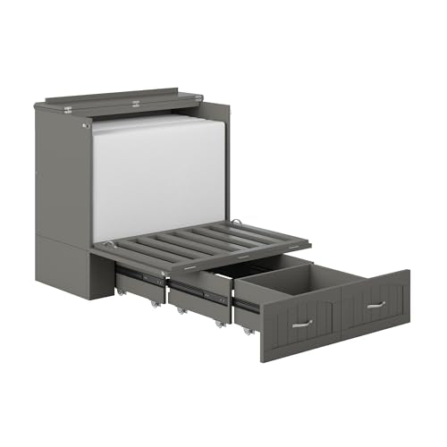Queen Murphy Bed Chest with Mattress and Storage in Grey R6559