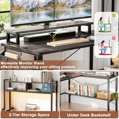 L Shaped Gaming Desk with Power Outlets & LED Lights, Black Y180980