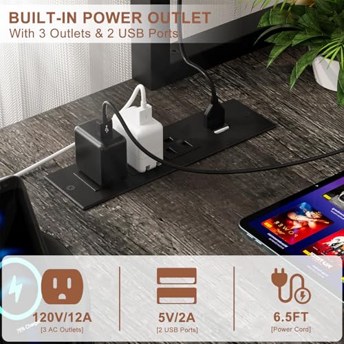 L Shaped Gaming Desk with Power Outlets & LED Lights, Black Y180980