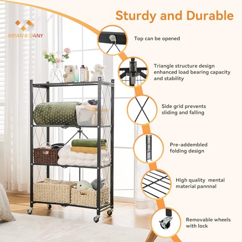 4-Shelf Foldable Metal Storage Shelves with Wheels K573836