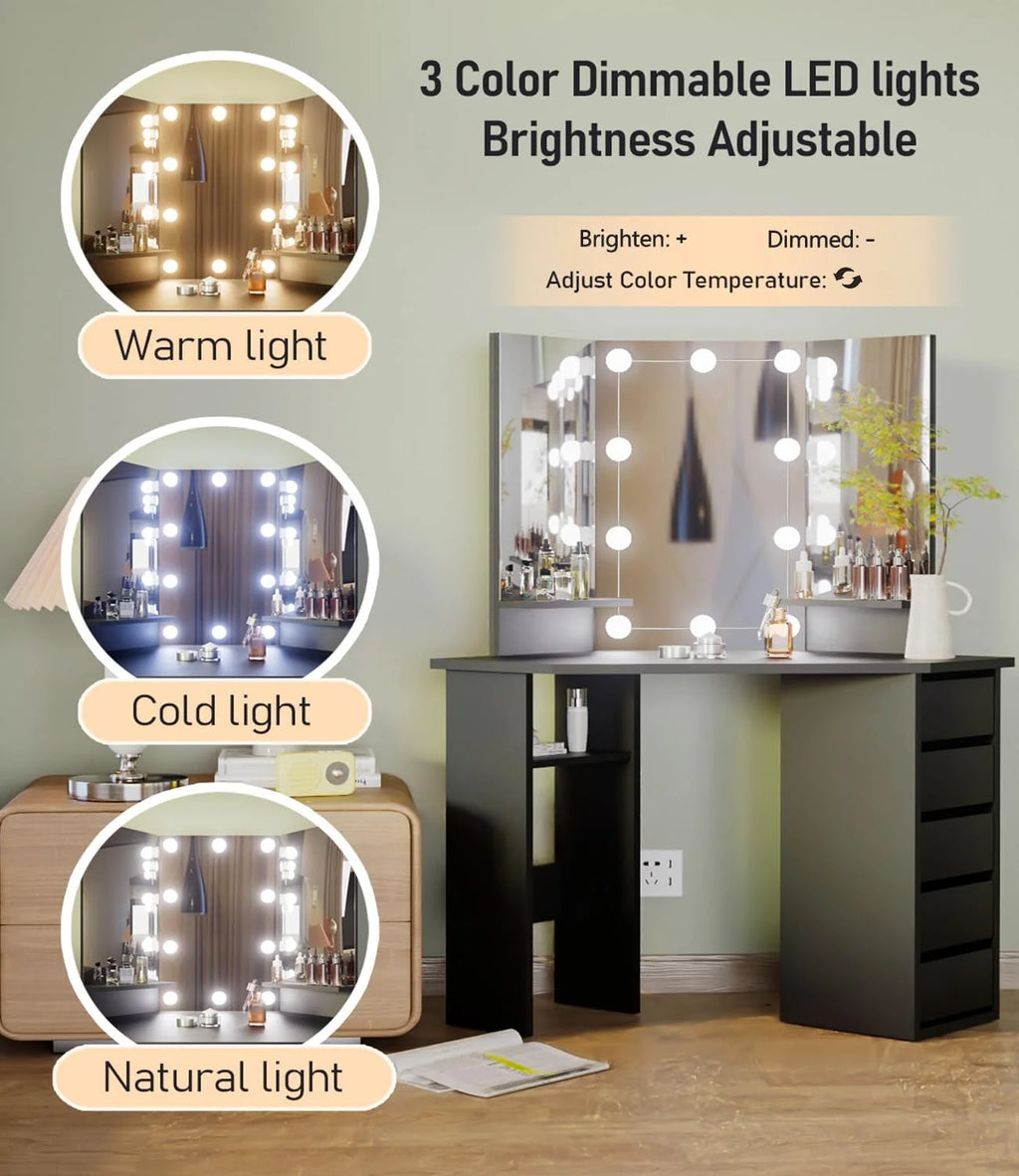 Black Corner Makeup Vanity Desk with Lighted Mirror 5 Drawers T964573