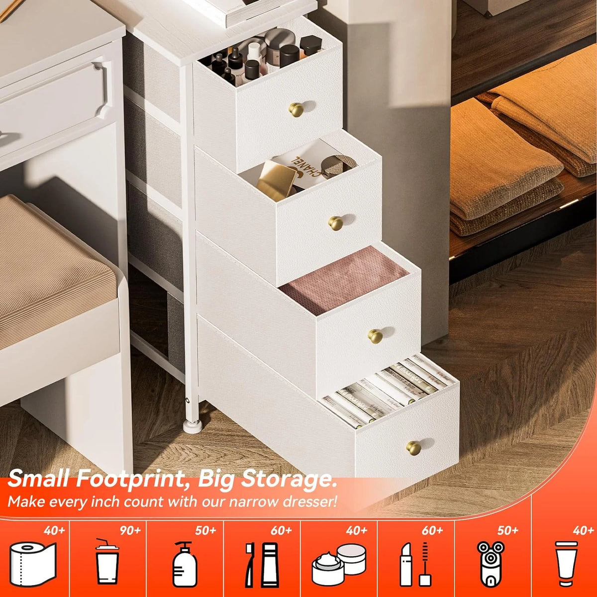 White 4 Drawer Narrow Dresser Storage Tower K597