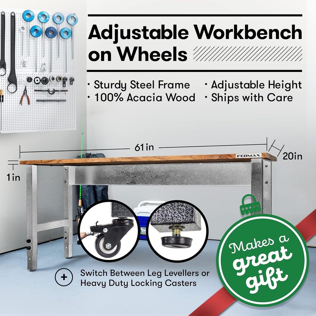 Acacia Wood Work Bench with Caster Wheels and Adjustable Height Legs Y4818