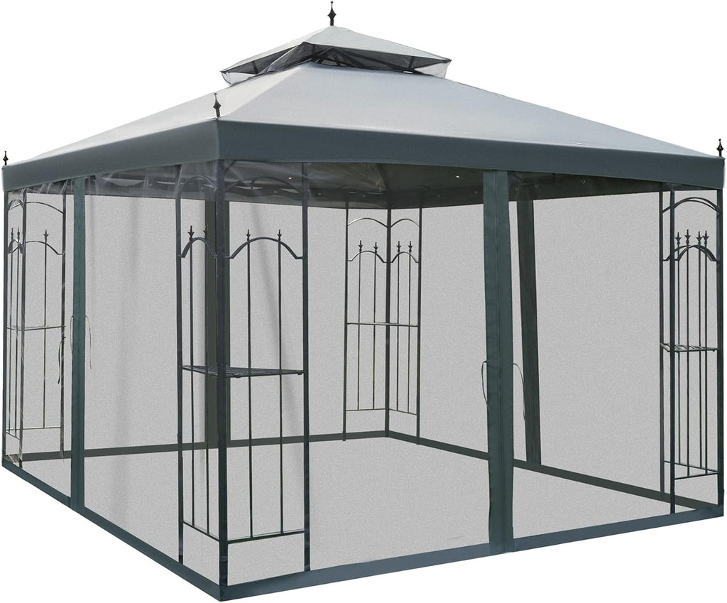10' x 10' Steel Outdoor Patio Gazebo Canopy with Mesh Curtains R2621