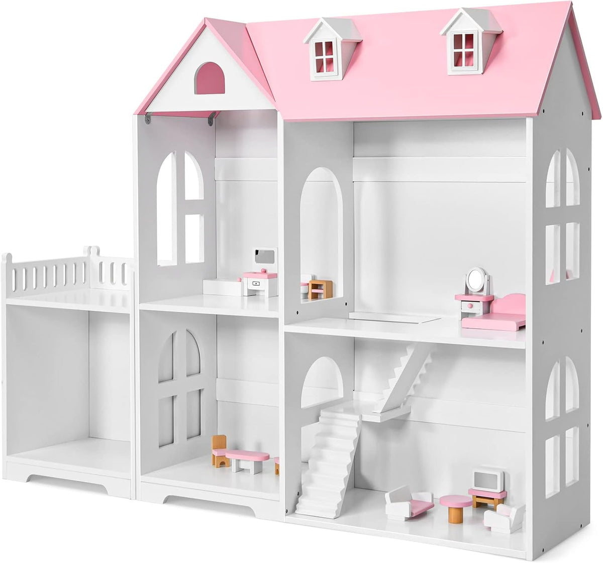 Kids Wooden 2-in-1 Dollhouse Bookcase with 5 Rooms and Hidden Storage F70972