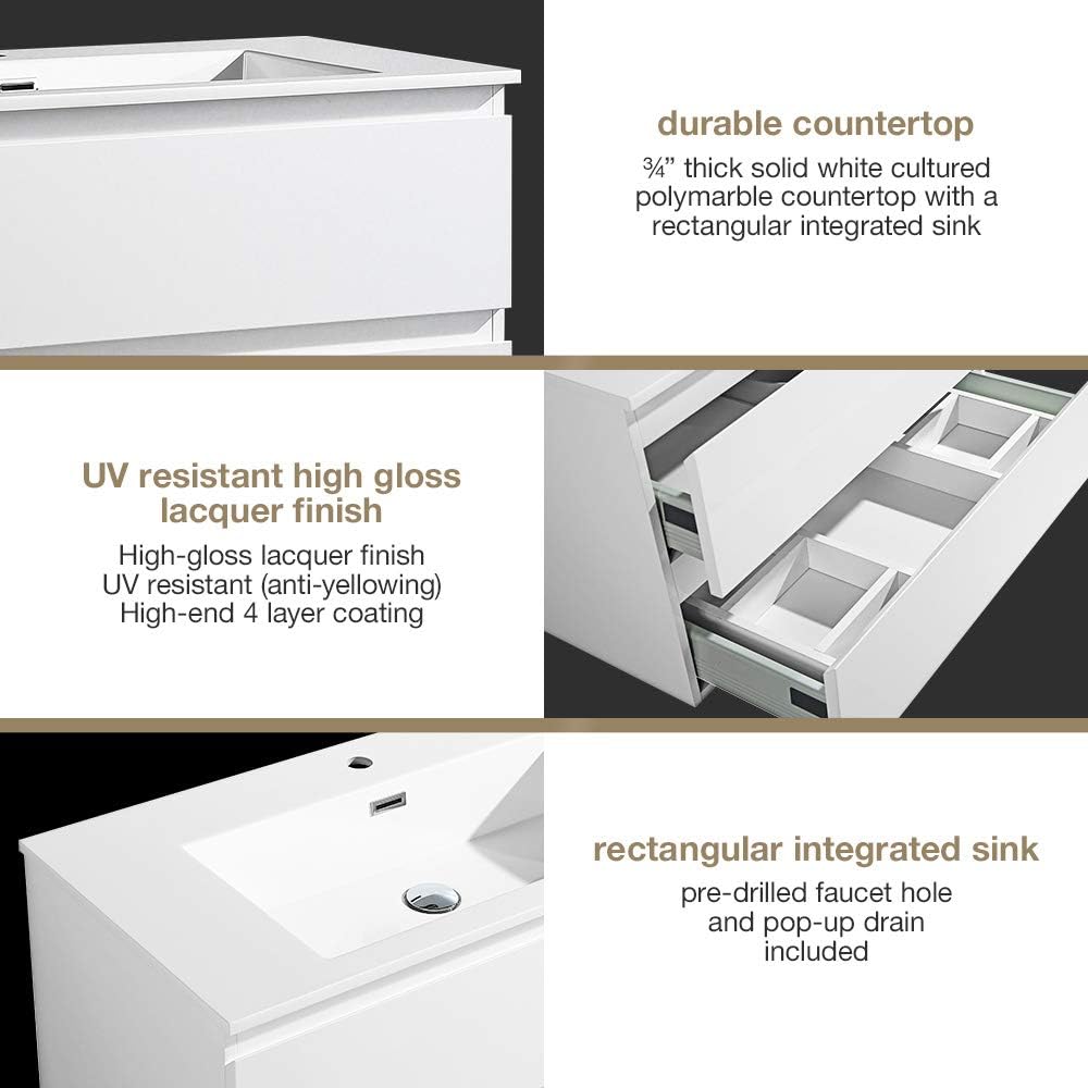 36 Inch Wall Mounted Bathroom Vanity with 2 Drawers and Sink L921