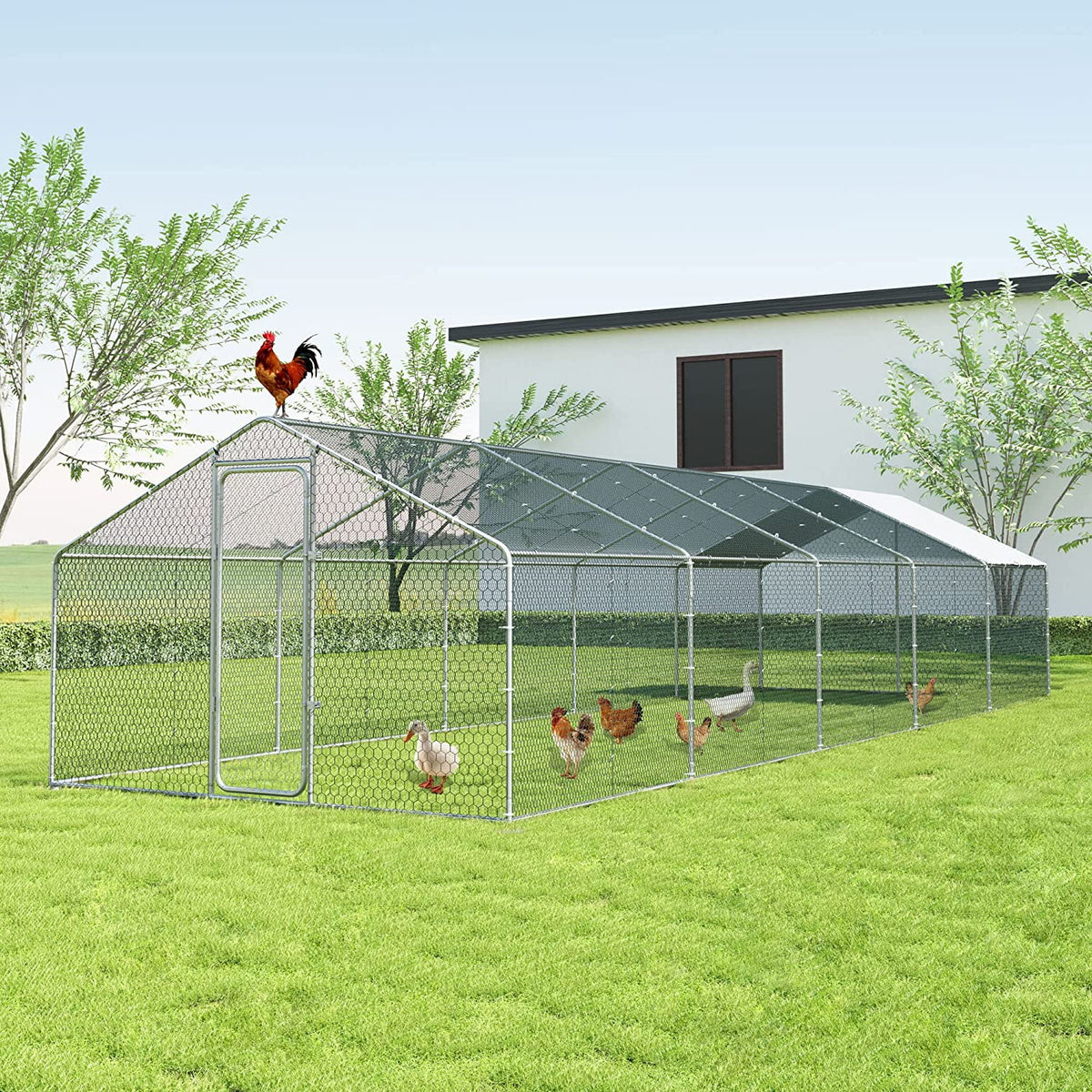 Large Metal Walk-in Chicken Coop with Waterproof UV Protection Cover V723671