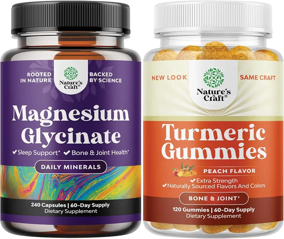 Pure Magnesium Glycinate 400mg 240ct and Turmeric Gummies Peach Flavor E147
