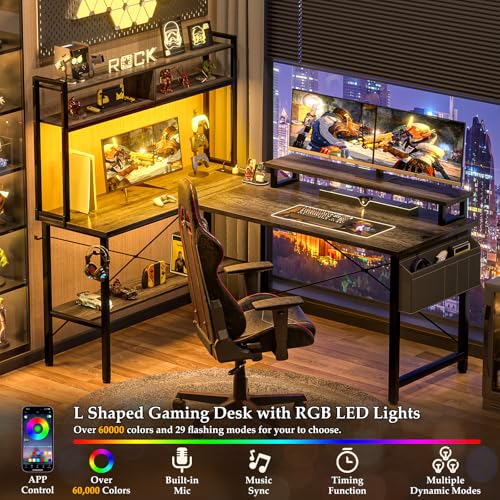 L Shaped Gaming Desk with Power Outlets & LED Lights, Black Y180980