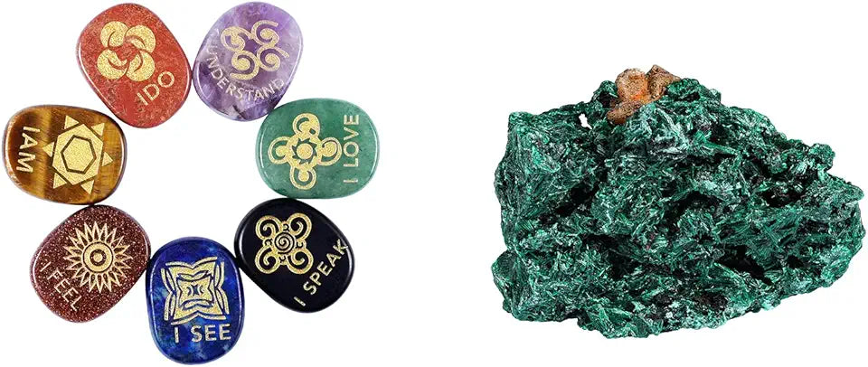 7 Piece Chakra Stones Engraved Polished Palm Stones & Natural Malachite Raw Stone Crystal Mineral Specimen T709222
