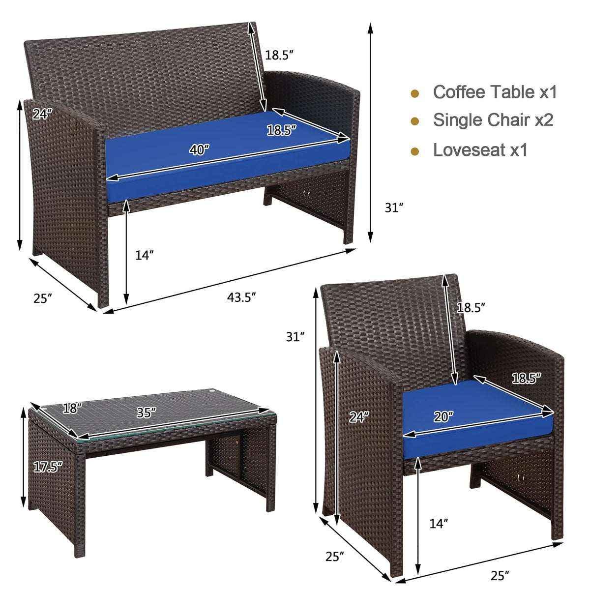 4 Pc White Patio Rattan Furniture Set O952