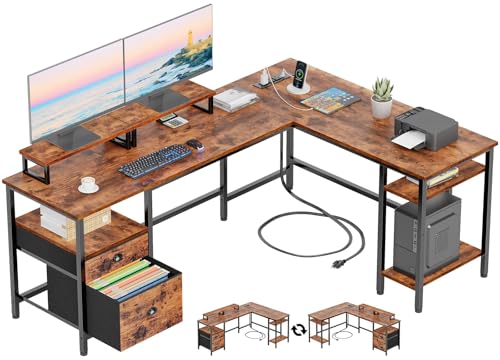 66” L Shaped Desk with Power Outlet, File Drawer & Storage Shelves, Rustic Brown L900429