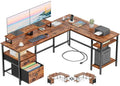 66” L Shaped Desk with Power Outlet, File Drawer & Storage Shelves, Rustic Brown L900429