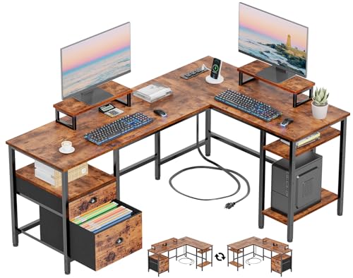 66” L Shaped Desk with Power Outlet, File Drawer & Storage Shelves, Rustic Brown L900429