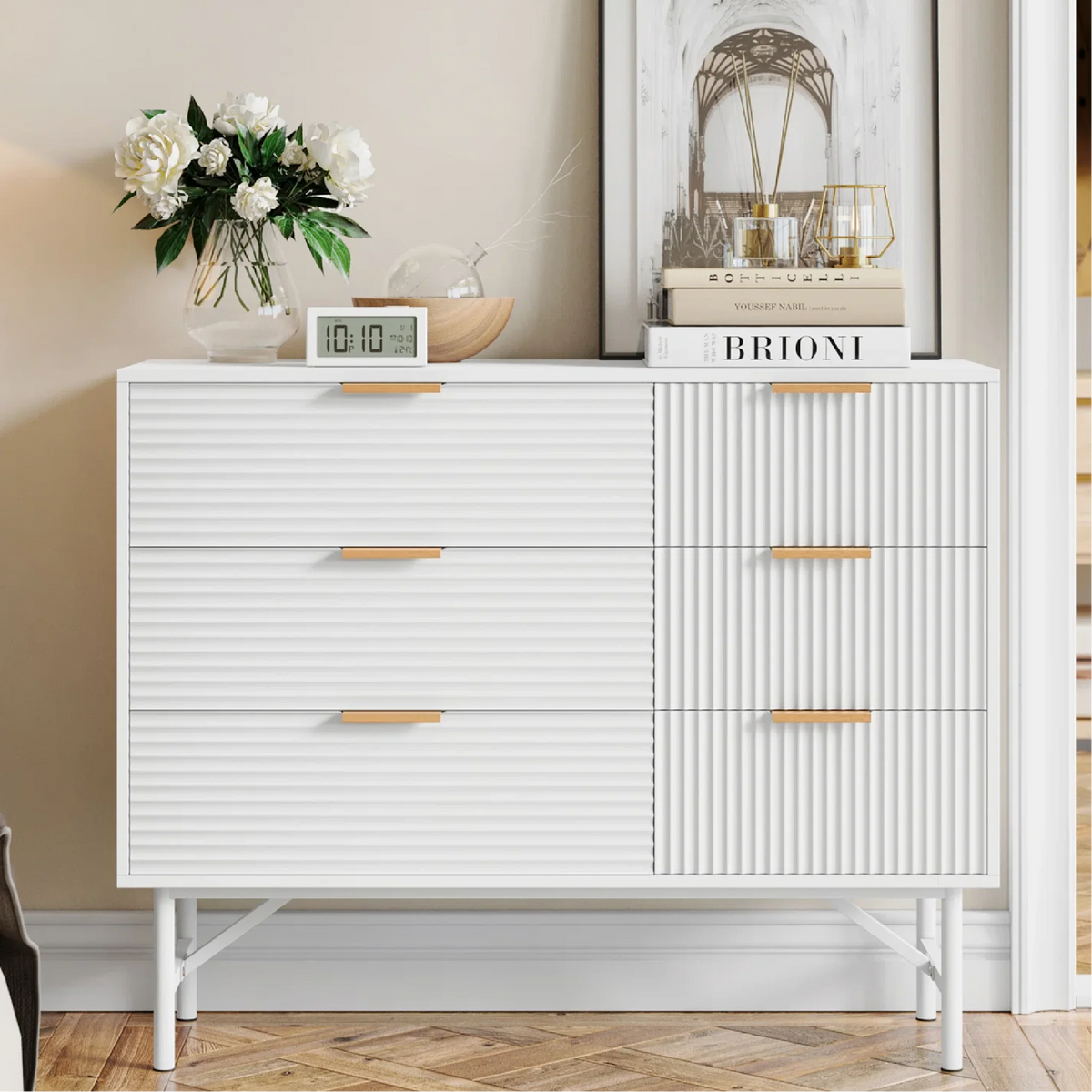 Creamy 6 Drawer Wood Dresser with Metal Base T829182