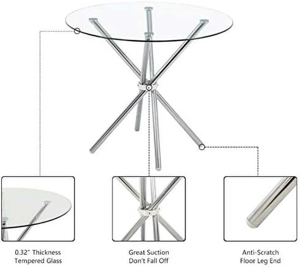 Round Glass Dining Table with Clear Tempered Glass Top 4 Chrome Legs R35769