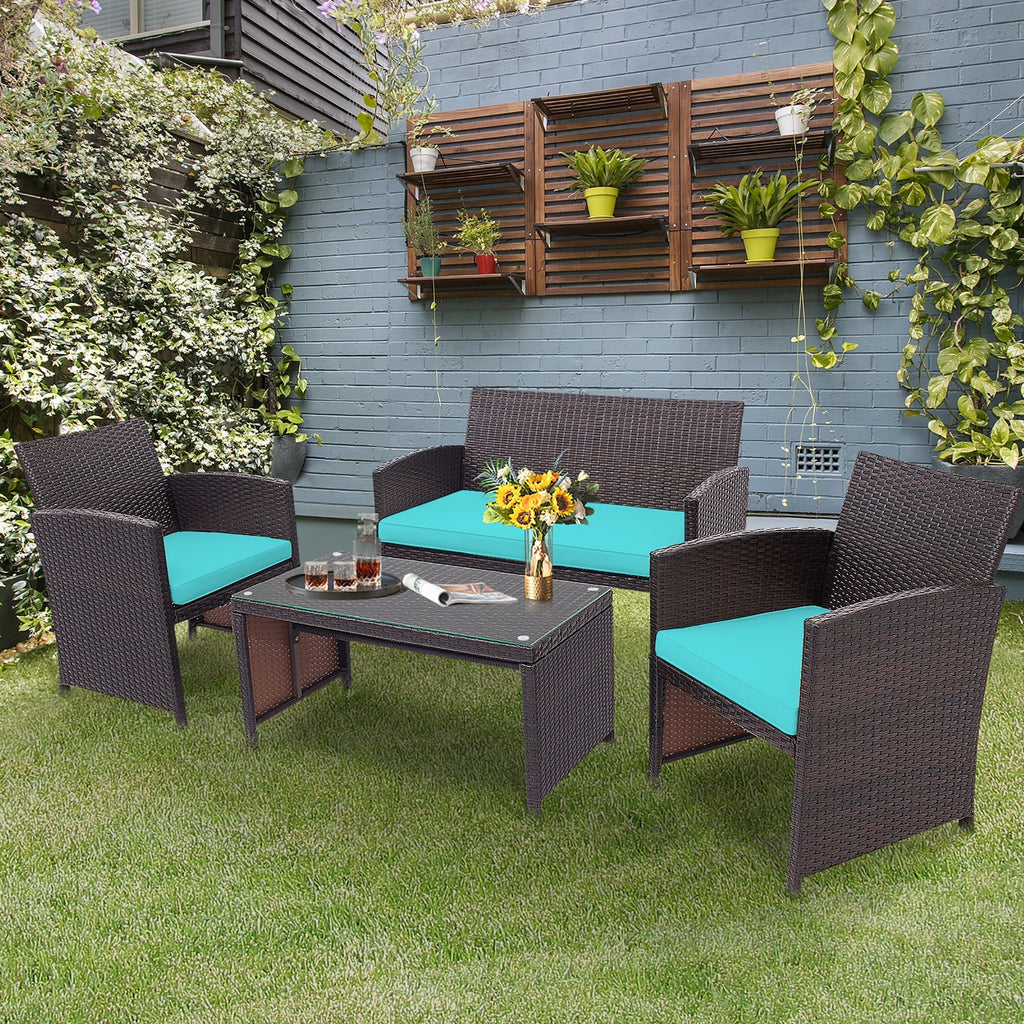 4 Pc White Patio Rattan Furniture Set O952